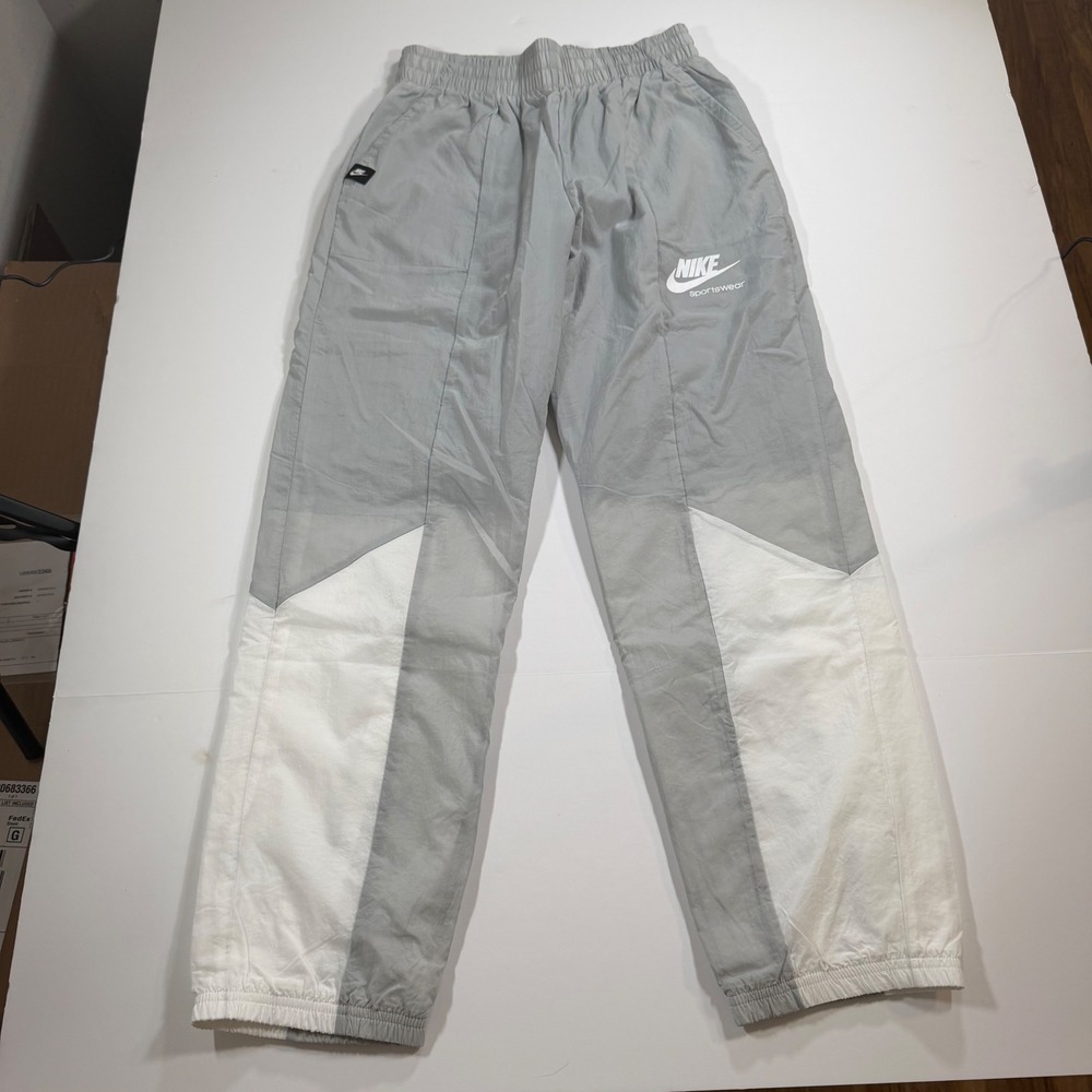 Nike Kids XL Grey White Colorblock Nylon Track Pants Joggers Mesh Lined VTG Y2K